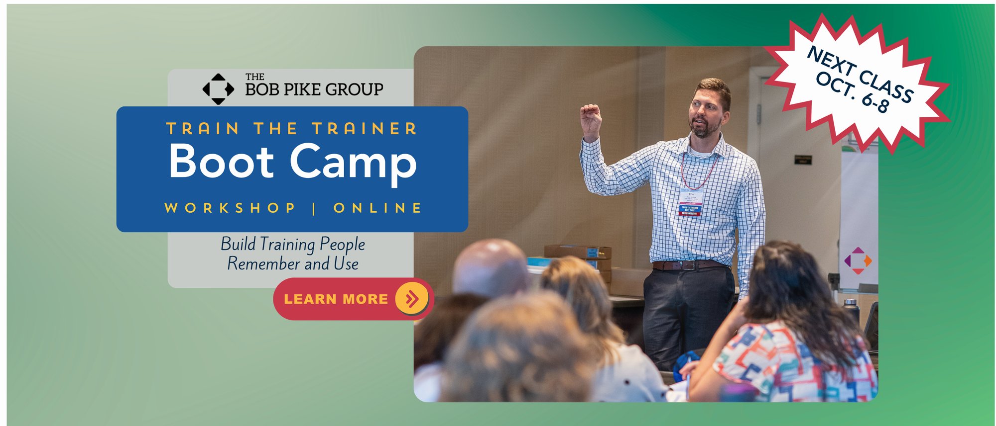 Trainer facilitating an interactive group activity in a Bob Pike Group Train-the-Trainer Boot Camp session, October 6–8, online.