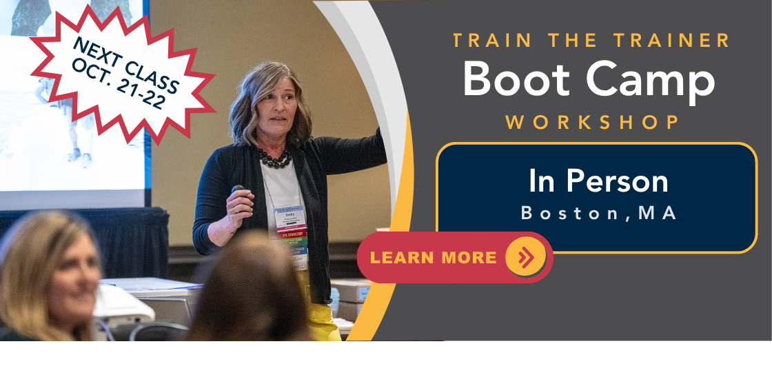 Trainer facilitating an interactive group activity during an in-person Train-the-Trainer Boot Camp in Boston, October 21–22.