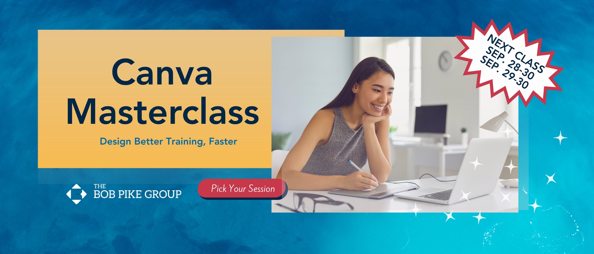 Participant smiling and looking at their laptop at Bob Pike Group's Canva Masterclass, September 28–30 or 29–30, online.
