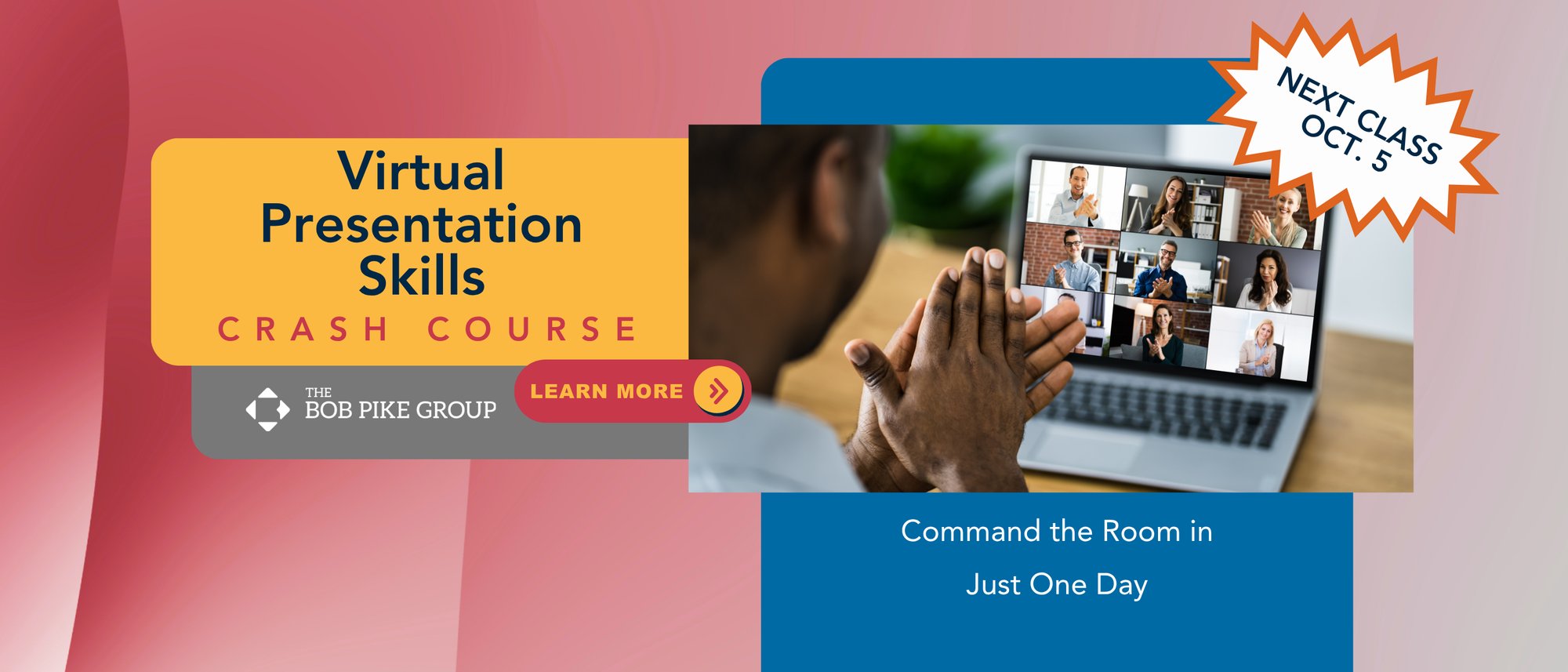 Presenter confidently speaking on camera during a virtual presentation skills training session, October 5, online.