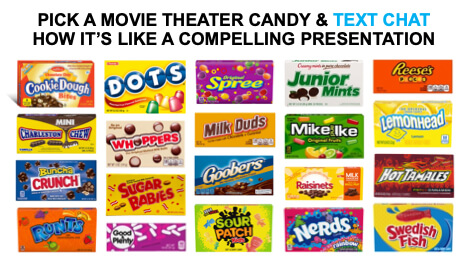 pick a movie theater candy & text chat how it's like a compelling presentation