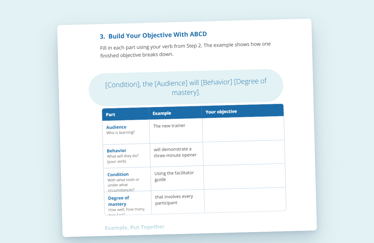 Preview of the ABCD objective builder from the free Learning Objective Worksheet