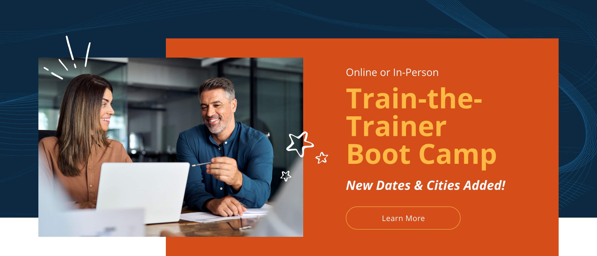 Train-the-Trainer Boot Camp promotional banner with a man and woman smiling while discussing at a laptop