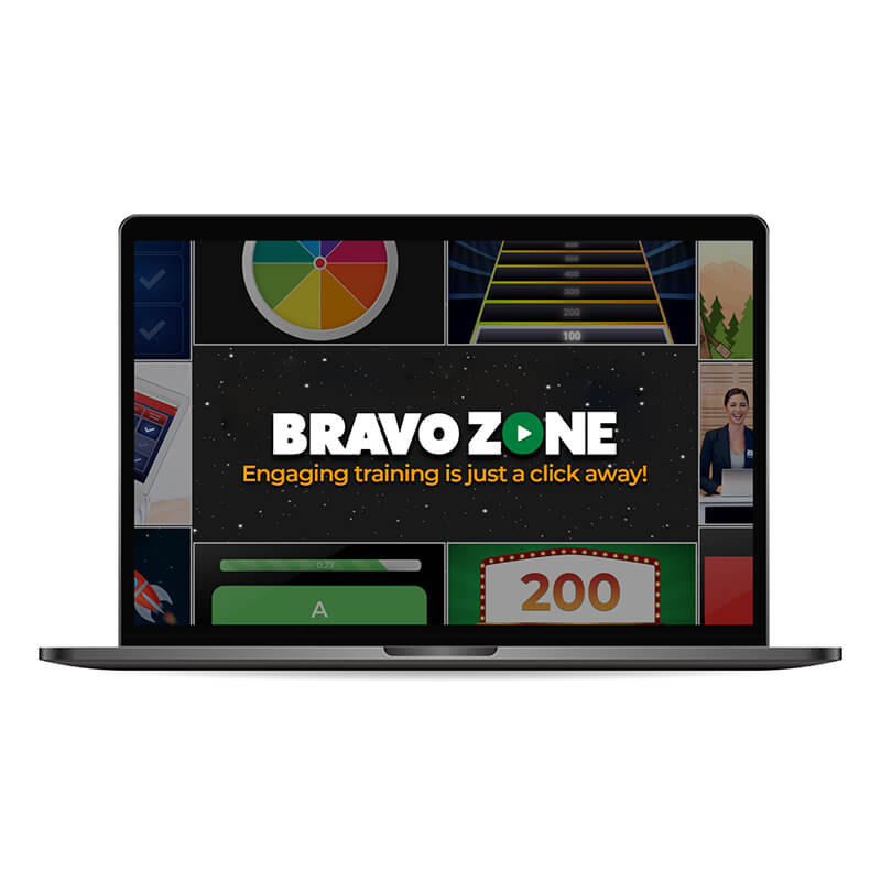 Laptop screen displaying 'BRAVOZONE' interactive training platform with game-like graphics and scoreboard.